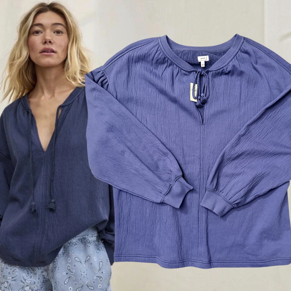 Aerie Sweatshirt Gauze Tie Neck Blue Large